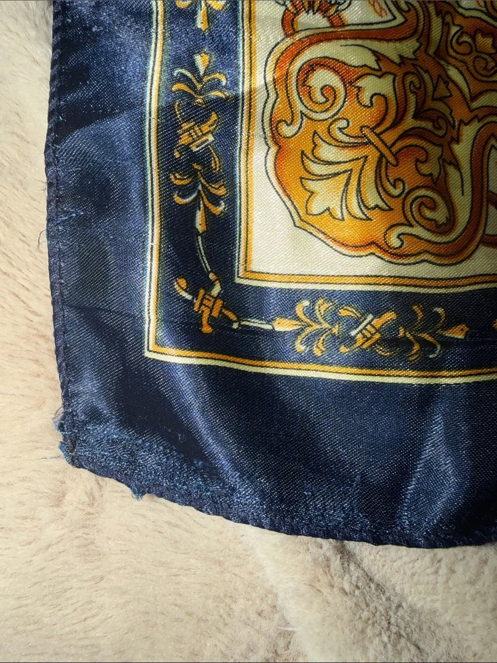 Vintage Equestrian Horse Satin Square Scarf Navy Blue Gold Orange Heritage 19x19
